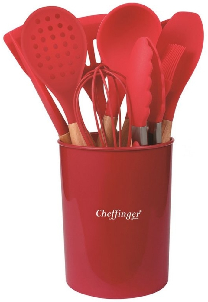 Cheffinger Küchenorganizer-Set Cheffinger 12-tlg Küchenhelfer Kochbesteck Silikon Holzgriff Rot Bild 1