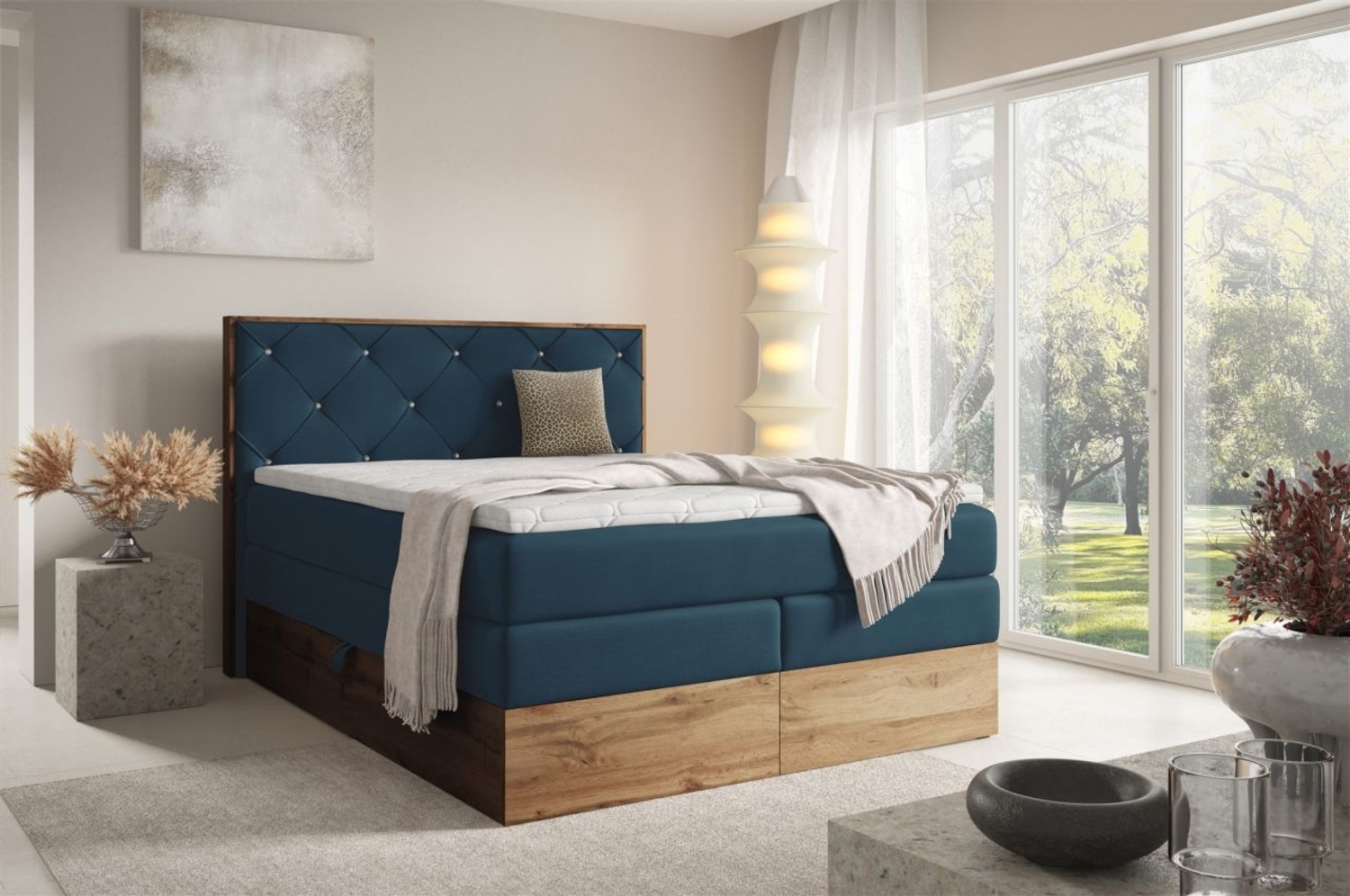 Boxspringbett Schlafzimmerbett NAVEL 140x200cm in Stoff Rouge Dunkelblau Bild 1