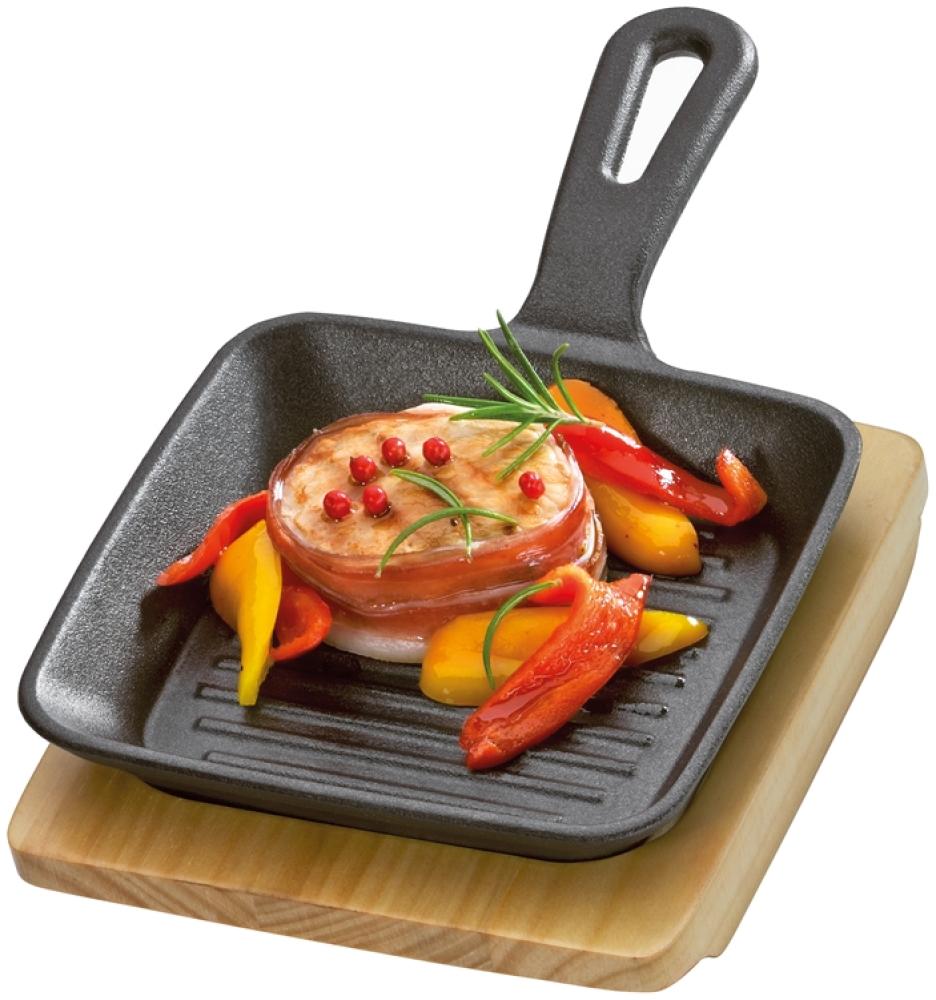 KÜCHENPROFI Grill-/Servierpfanne eckig mit Holzbrett BBQ 23 x 13,5 x 5,5 cm Bild 1