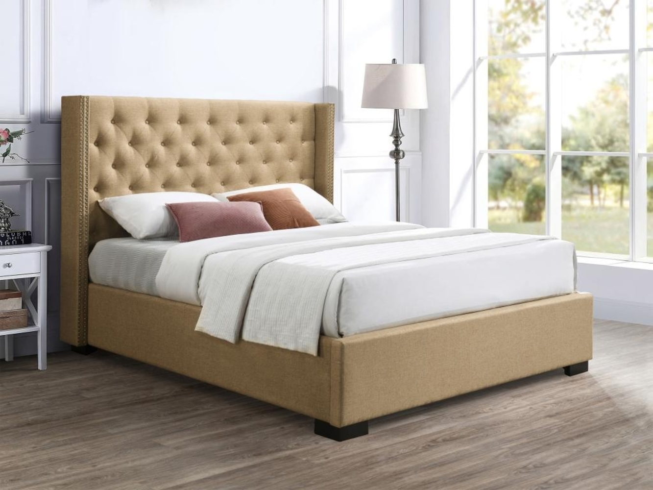 Vente-unique - Bett mit Bettkasten mit gestepptem Kopfteil - 180x200 cm - Stoff - Beige - MASSIMO Bild 1