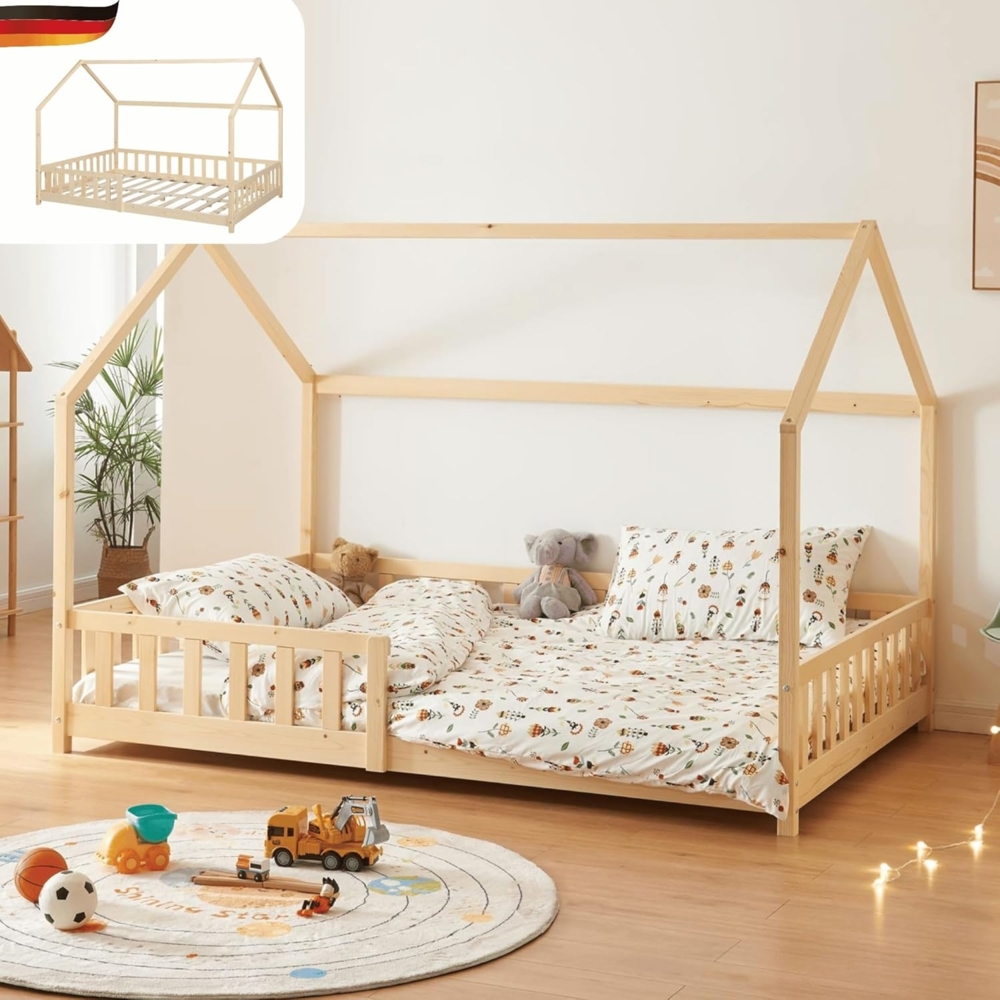 DELUKE® Kinderbett 140x200 OKLA - mit Lattenrost Rausfallschutz Haus-OptikEinzelbett aus Holz Hausbett Kinderzimmer Montessori Bett Braun Bild 1