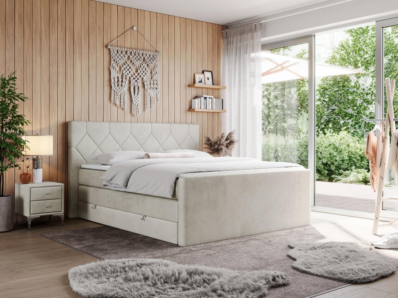 Boxspringbett KING EIGAR, mit einer Doppelmatratze, einem genähten Kopfteil - 180x200 - Beige Velours - H3 Bild 1