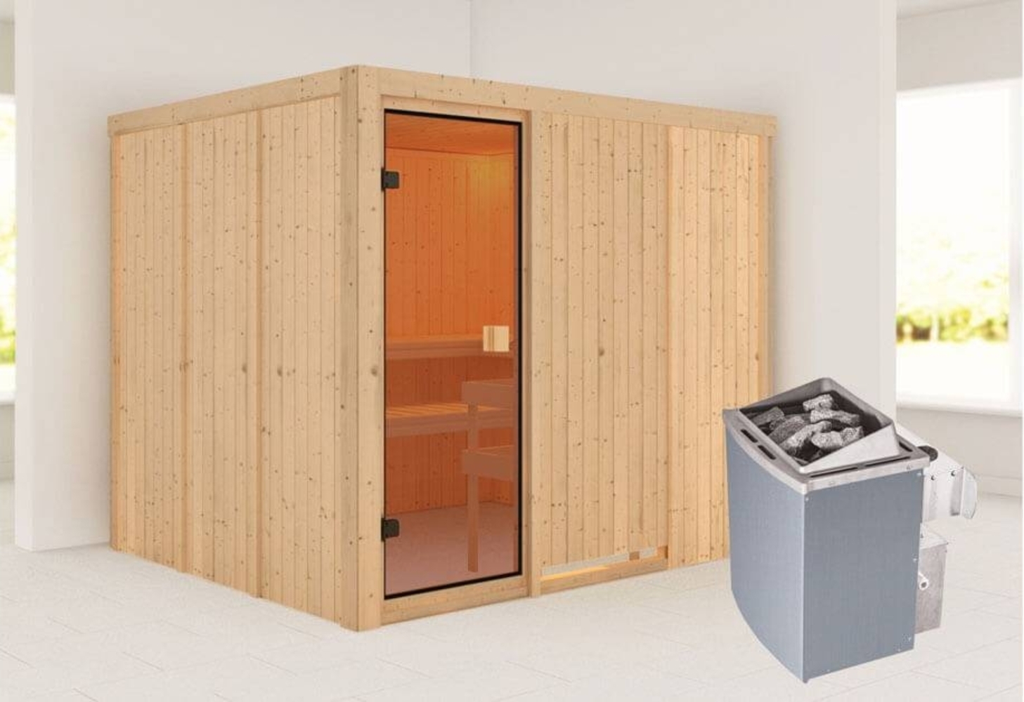 Karibu Woodfeeling Sauna Nybro mit Fronteinstieg Innensauna 3 Sitzbänke aus Holz Saunakabine mit 68 mm Wandstärke Dampfsauna Bild 1