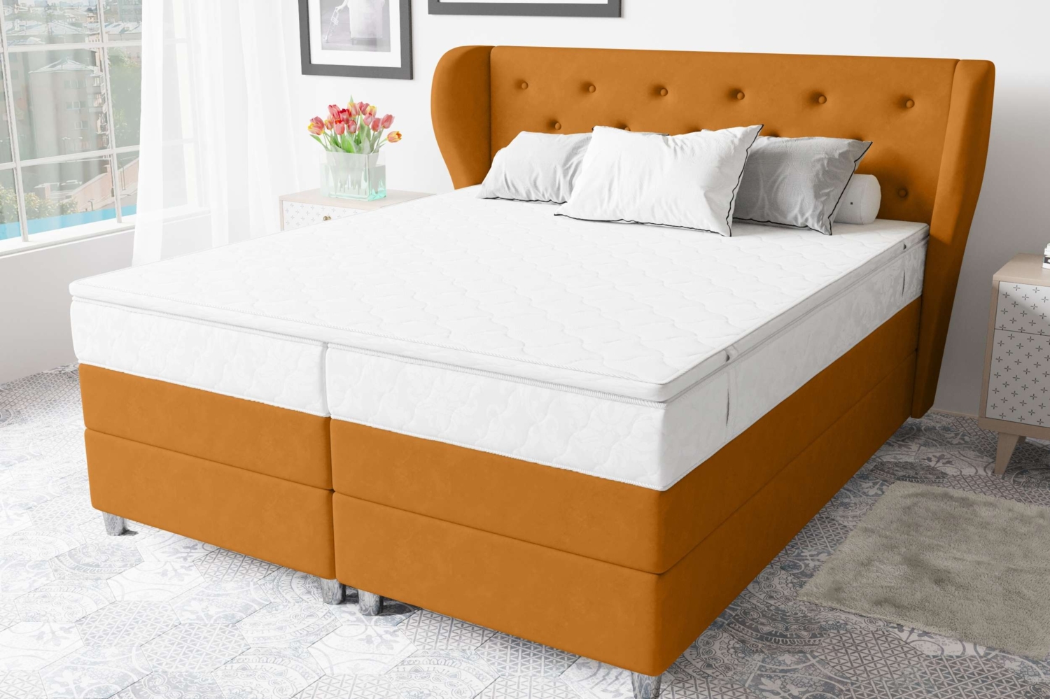 99rooms Hermes Boxspringbett 140x200 cm Velours SORO Orange Taschen-Federung Bild 1