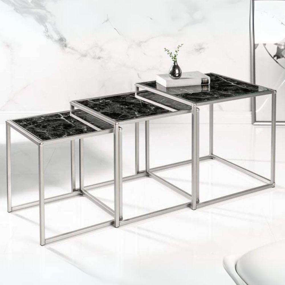 LebensWohnArt 'MENTO' 3er Couchtisch-Set, abnehmbare Tabletts, Sicherheitsglas / Metall, schwarz, 75cm Bild 1