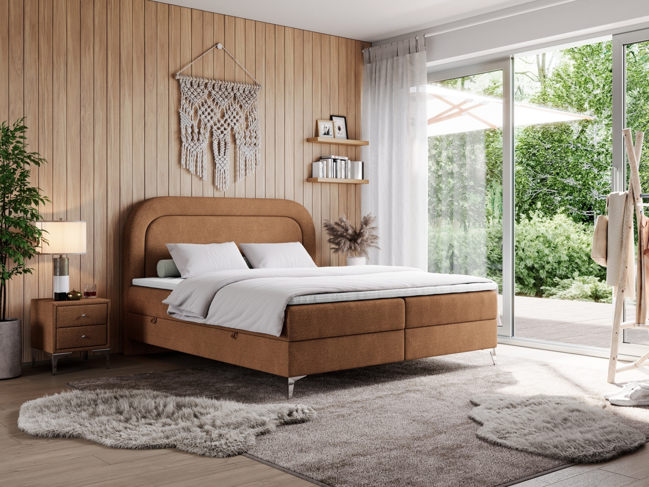 Boxspringbett, Schlafzimmerbett, Bettkasten - EIRA -160 x 200 cm - Orange Stoff - H3 Bild 1