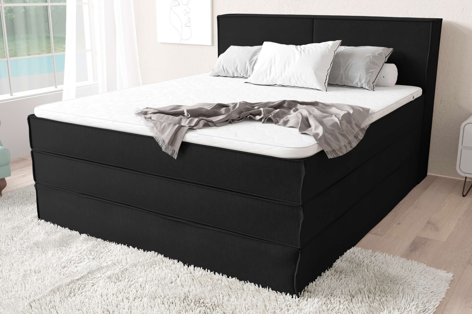 99rooms Santiago Boxspringbett Schwarz Strukturstoff INARI 120x200 cm Taschen-Federung Bild 1