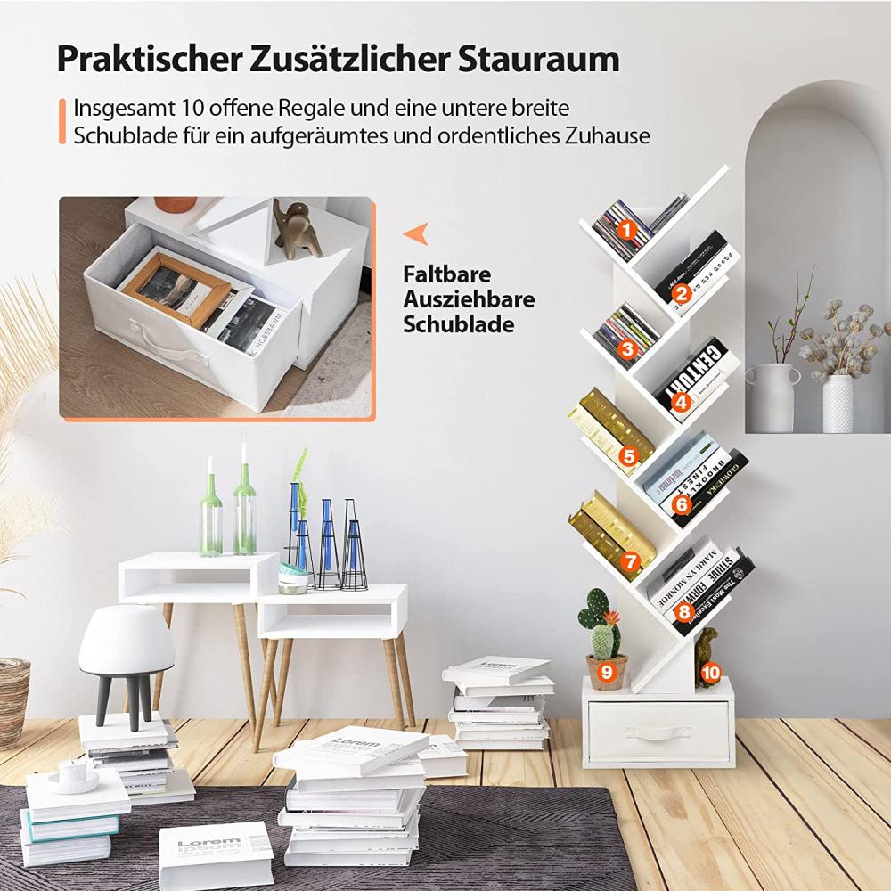 COSTWAY Bücherregal mit Schublade, 8-stöckiges Standregal, in Baumform, CD- und DVD-Regal, für Schlafzimmer, Wohnzimmer und Heimbüro (Weiß) Bild 1