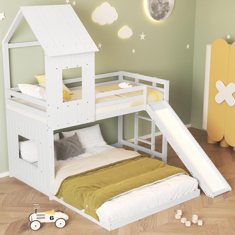 Merax Etagenbett, Massivholz Kinderbett mit Oberbett 90x200cm und Unterbett 140x200cm, weiß Bild 1