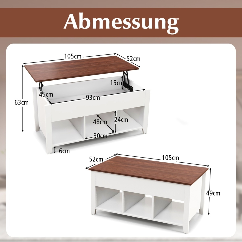 Sofatisch mit Hebeplatte Stauraum & 3 Offene Regale Höhenverstellbar 104,5 x 49 x 48-62,5 cm Weiß Bild 1