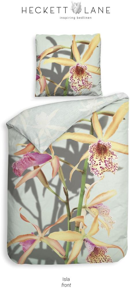 Heckett & Lane Mako-Satin Eco Bettwäsche 155x220 Isla Orchidee Blumen gelb mint Bild 1