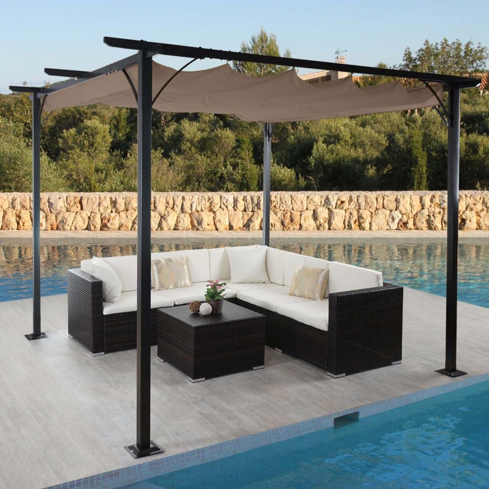 Pergola HWC-C42, Garten Pavillon, stabiles 6cm-Gestell + Schiebedach ~ 3x3m taupe-braun Bild 1