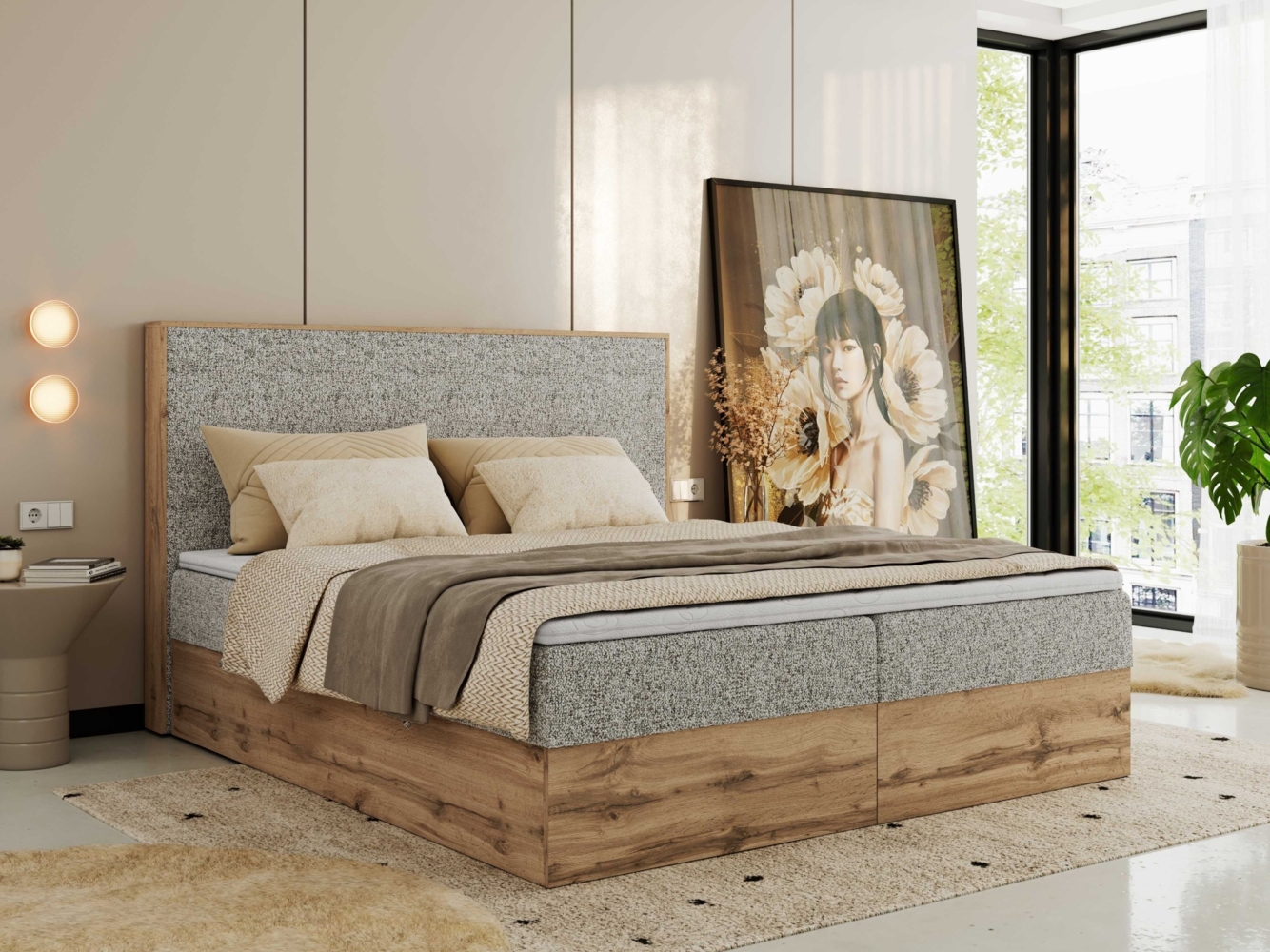 Doppelbett, Boxspringbett mit Bettkästen, Multipocket-Matratze und Topper, Set mit Kopfteil, Eiche Wotan Holzrahmen - WOOD CLASSIC - 160 x 200 cm - Beige Struktur - H3 Bild 1