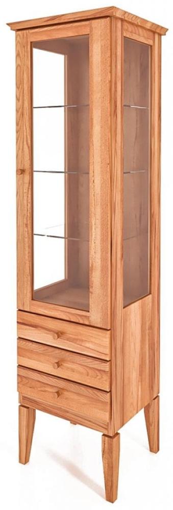 Vitrine Sydo aus Kernbuche massiv 50x45x180 cm 1 Tür 3 Schubladen Glas Holzbeine Bild 1