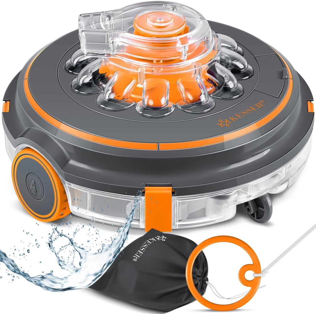 KESSER® Poolroboter Poolreiniger Akku Aqua-9000 inkl. Transporttasche Pool Roboter für bis 80m² Pools, Li-Ion Akku max. 75 min, Kabellos Poolsauger Bodenreinigung Vollautomatisch Bodensauger Orange Bild 1