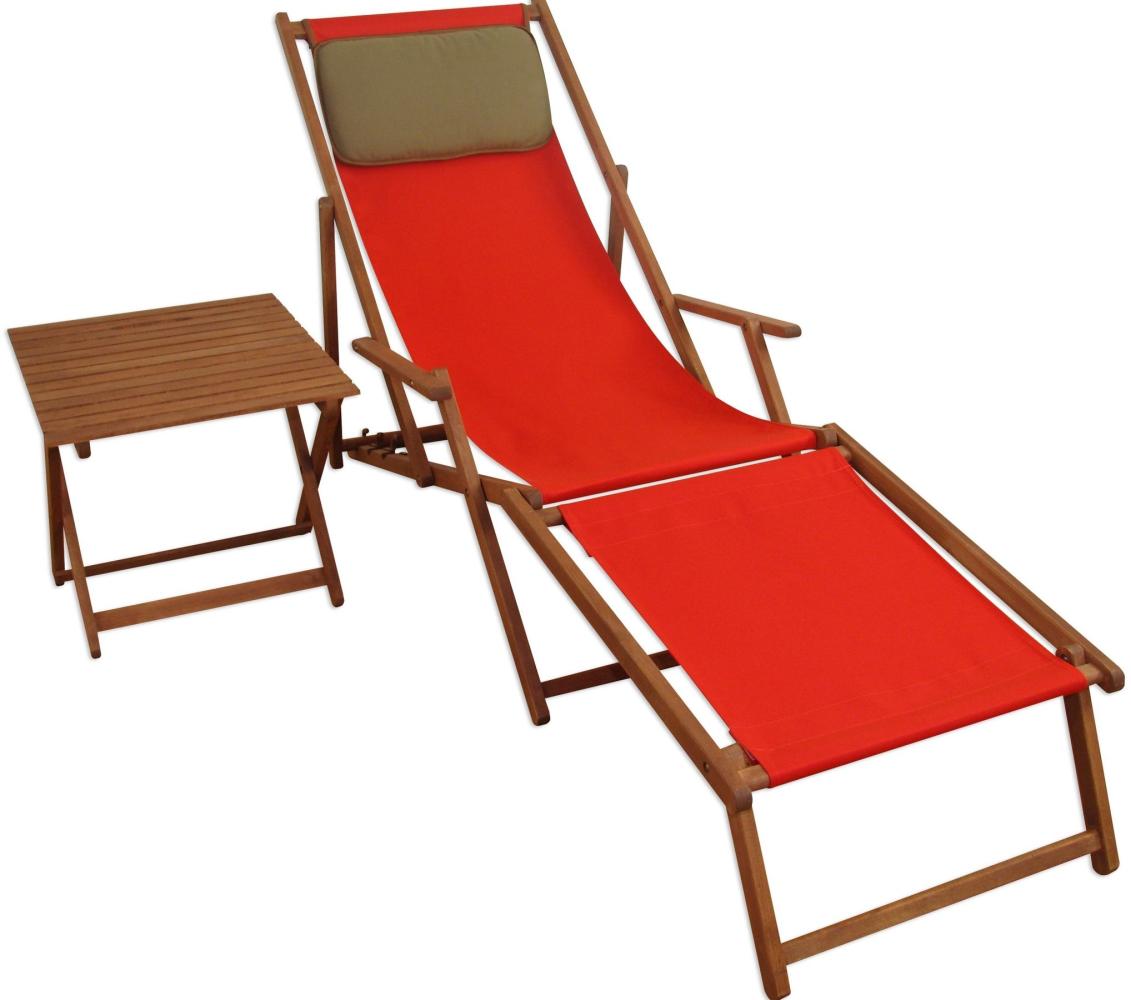 Liegestuhl rot Fußablage Tisch Kissen Deckchair Holz Sonnenliege Gartenliege Buche 10-308FTKD Bild 1