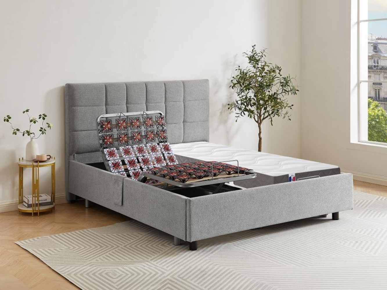 Dekoratives Bett mit elektrischer Relaxfunktion mit Tellern + 3-Zonen-Matratze aus 100 % Latex - 2 x 90 x 200 cm - Stoff - Grau - JOFAR von DREAMEA Bild 1