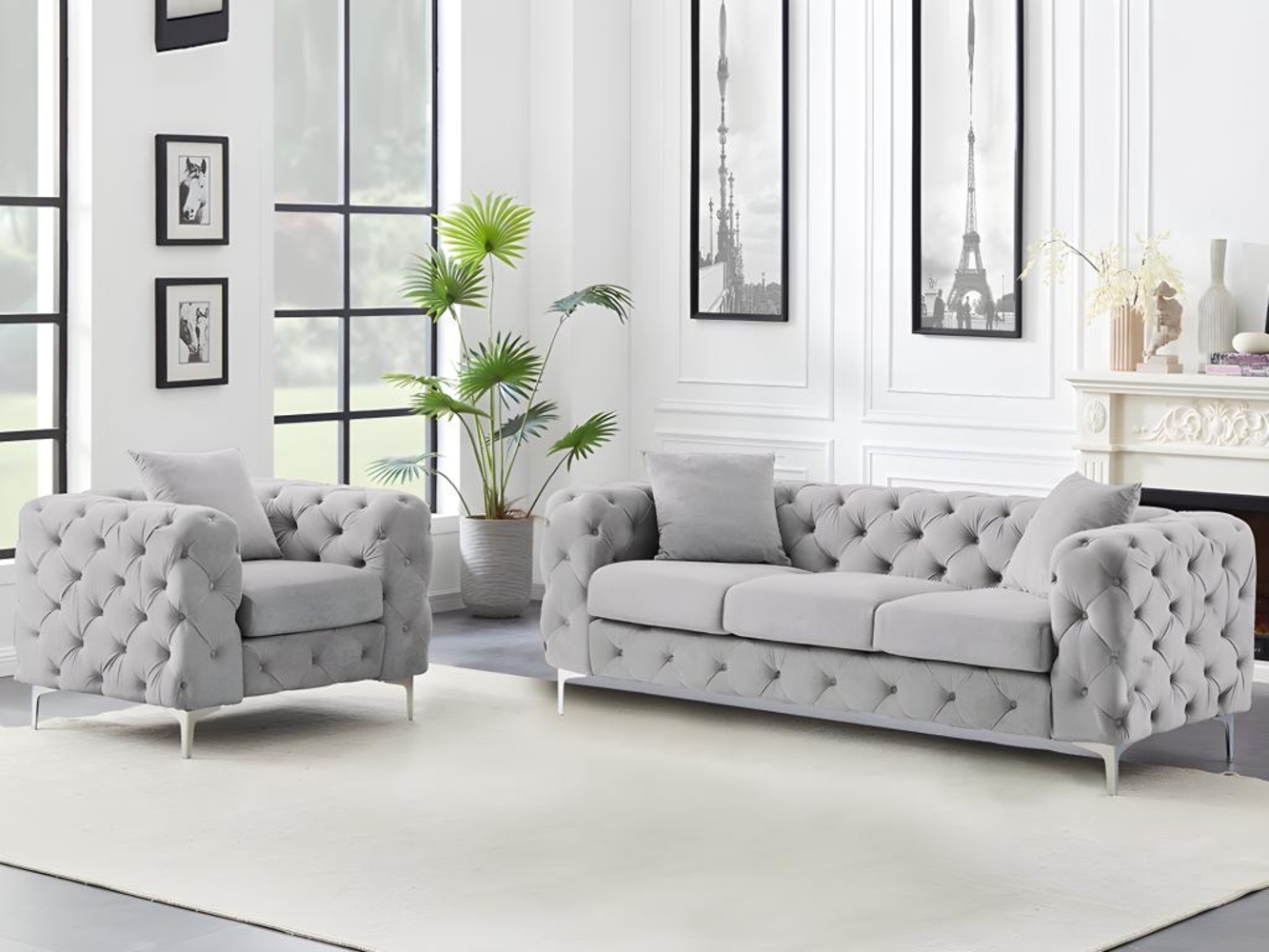 Vente-unique - Sofa 3-Sitzer & Sessel - Hellgrau - Samt - EDWINA Bild 1