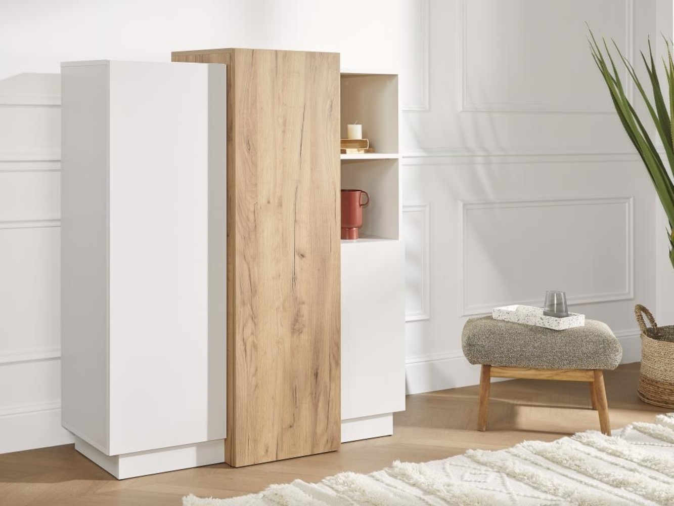 Vente-unique - Highboard mit 3 Türen - Weiß & Eichefarben - FRANCOLI Bild 1