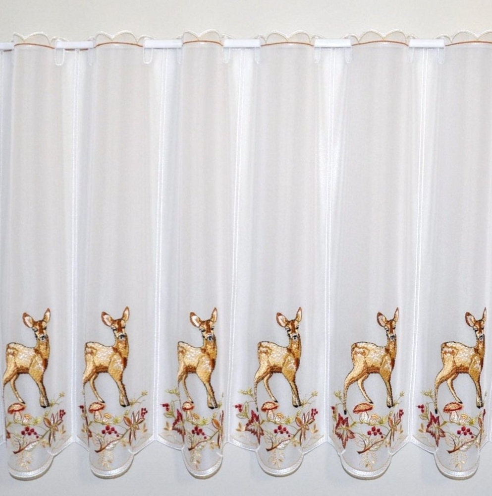 Stickereien Plauen Scheibengardine Rehkitz im Herbst (1 St), Stangendurchzug, transparent, Voile Bild 1