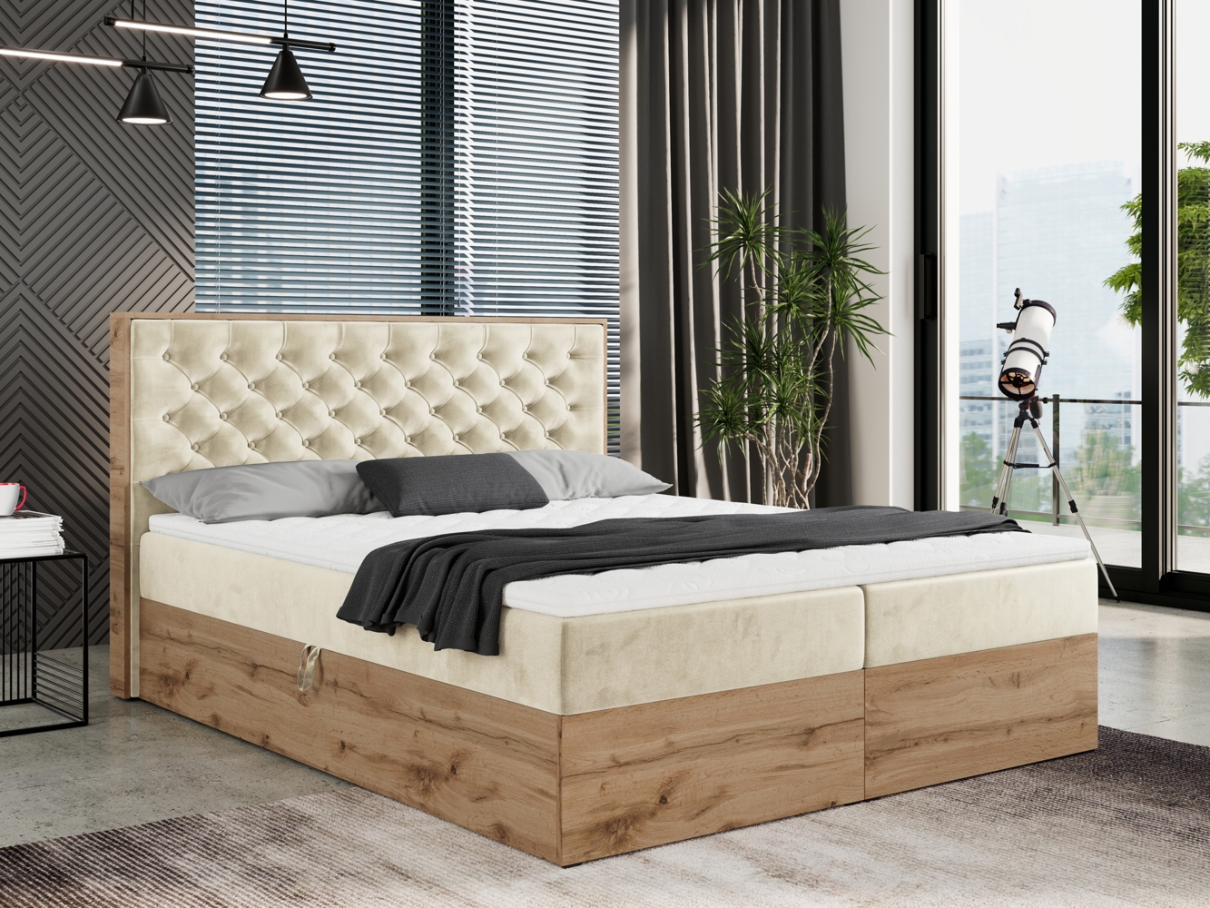 Boxspringbett mit Multipocket-Matratze und Zwei Bettkästen, Doppelbett mit Stauraum - ALBERO 3 - 160 x 200 cm - Beige Velours - H4 Bild 1