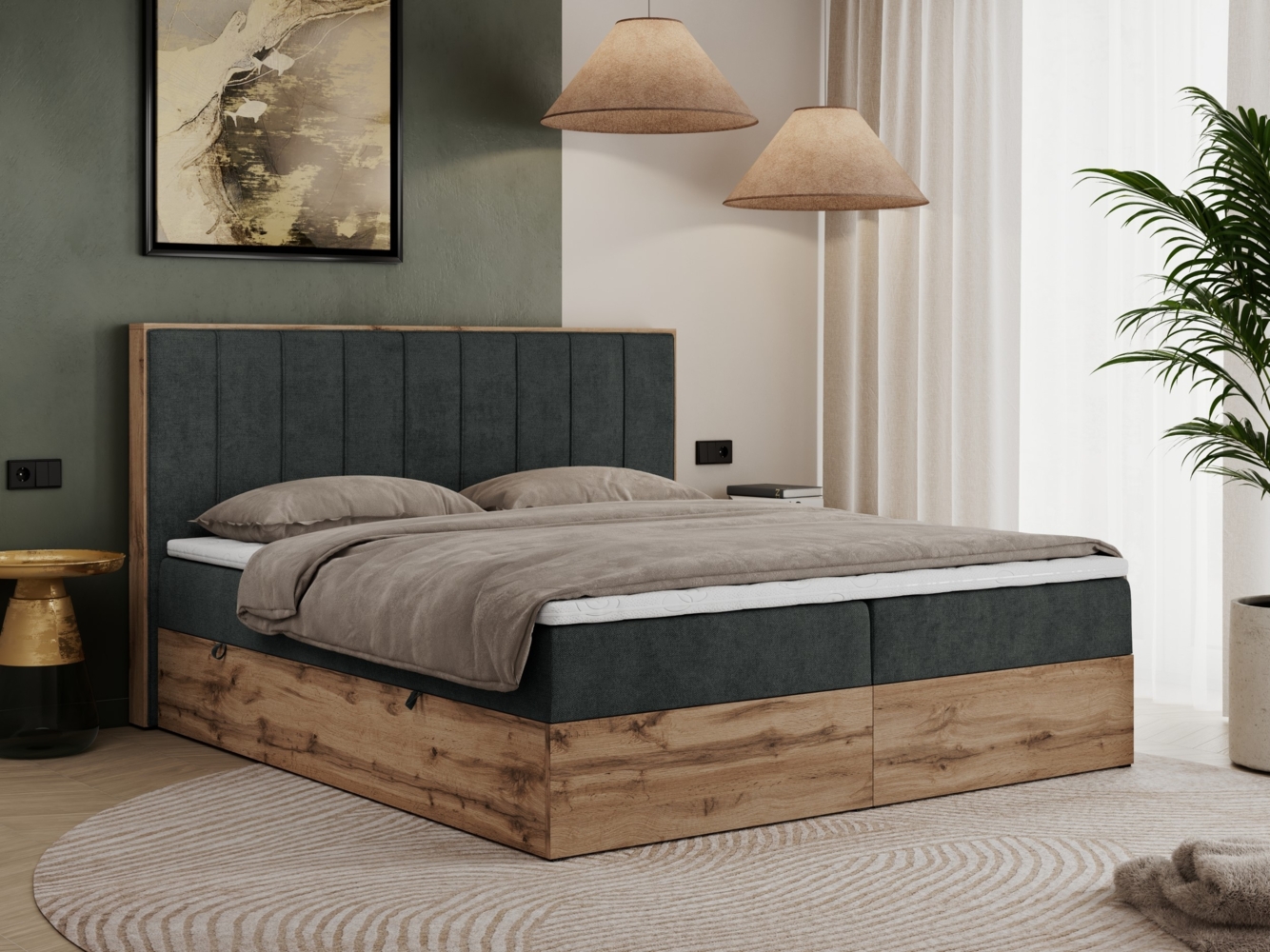 Boxspringbett, Schlafzimmerbett, Bettkasten - BELLISSIMO - 140 x 200 cm - Dunkelgrau Stoff - H4 Bild 1