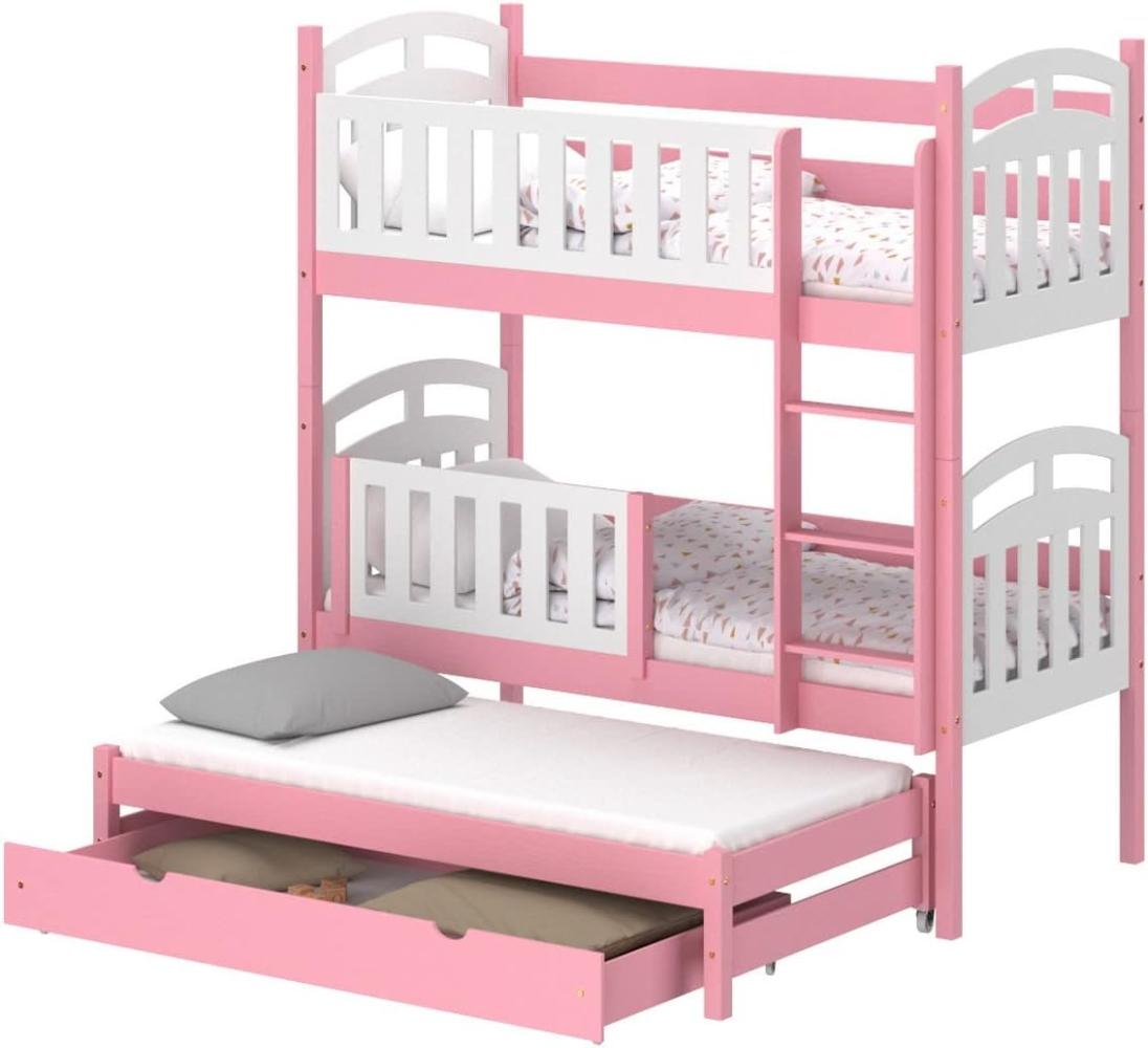 WNM Group Hochbett mit Rausfallschutz und Schublade Suzie - aus Massivholz - Kinderbett Ausziehbar für Mädchen und Jungen - Absturzsicherung Ausziehbett 160x80 / 150x80 cm - Rosa Bild 1