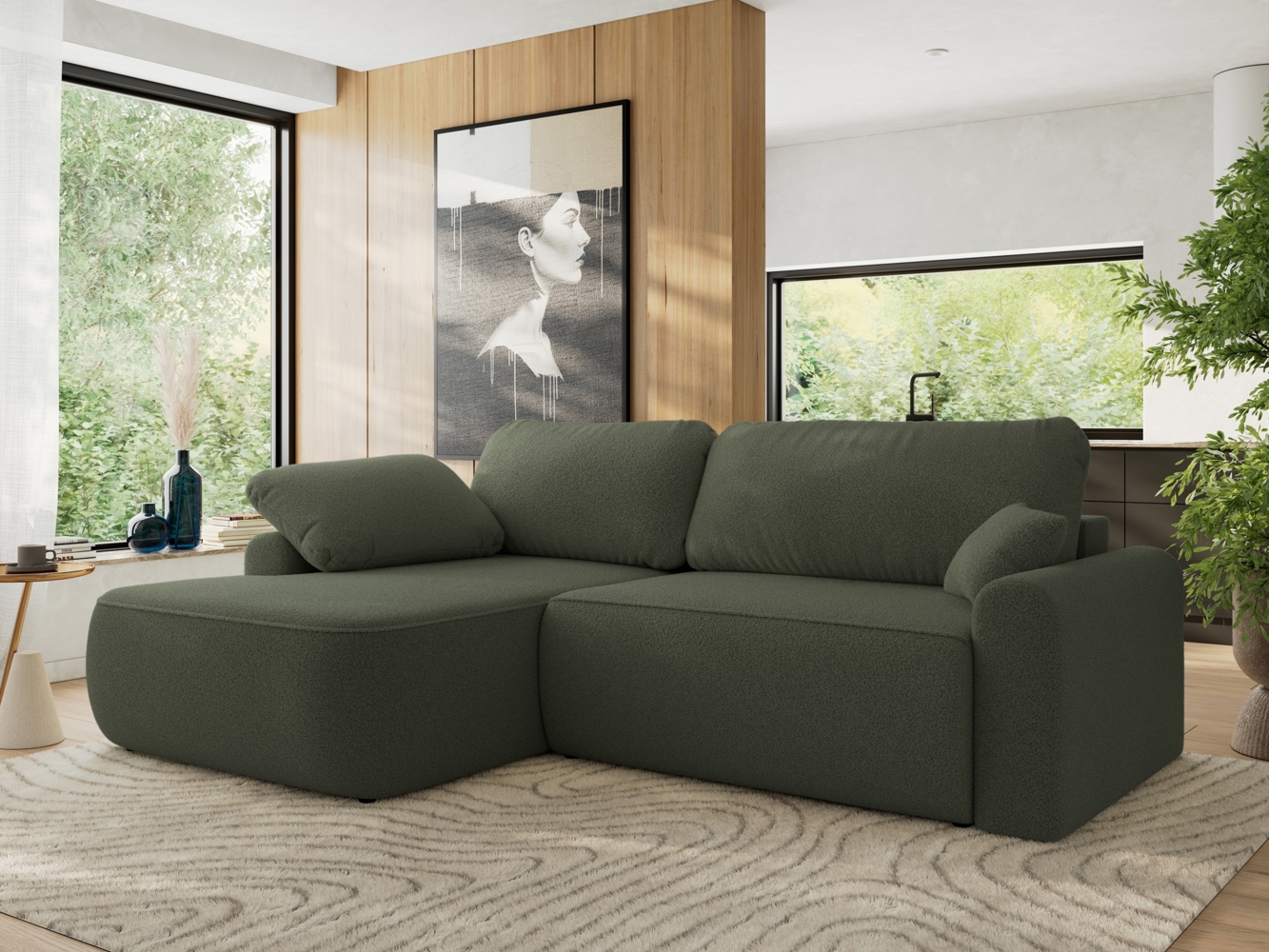 Ecksofa, L-förmiges, lose Kissen, DL-Schlaffunktion, (H 100 x T 187 x B 273 cm) - CUBO L - Boucle Grün - linke Seite Bild 1