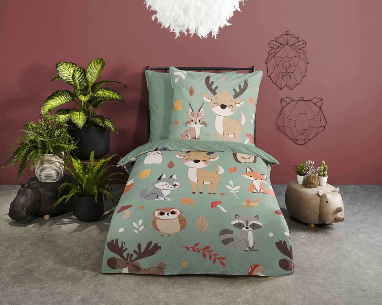 Good Morning Kinder Bettwäsche 135x200 Ville Herbst Wald Wildtiere grün 33359 Bild 1