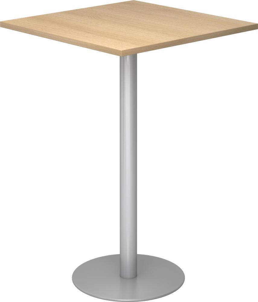 bümö Stehtisch Büro, Bistrotisch eckig 80 x 80 cm - Bartisch Eiche, Stehtisch Holz-Platte, Säule aus Metall in silber, Buffettisch, Säulentisch, Partytisch, Thekentisch, Hochtisch, Barmöbel, STH88-E-S Bild 1