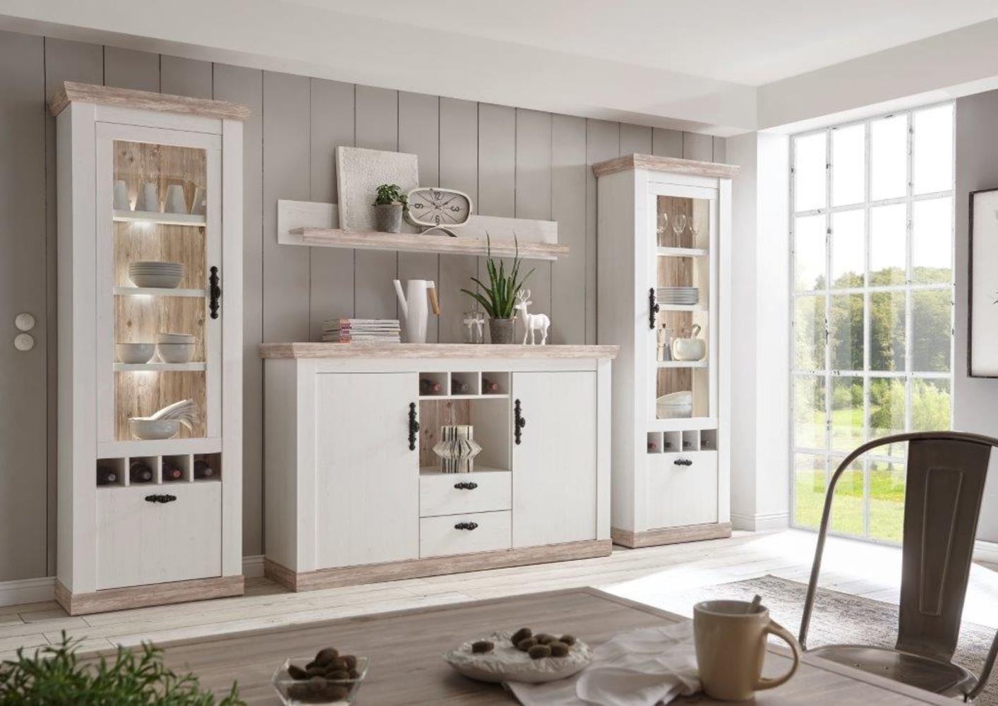 Florenz Wohnwand Anbauwand 310cm LED-Beleuchtung pinie weiß oslo pinie Bild 1