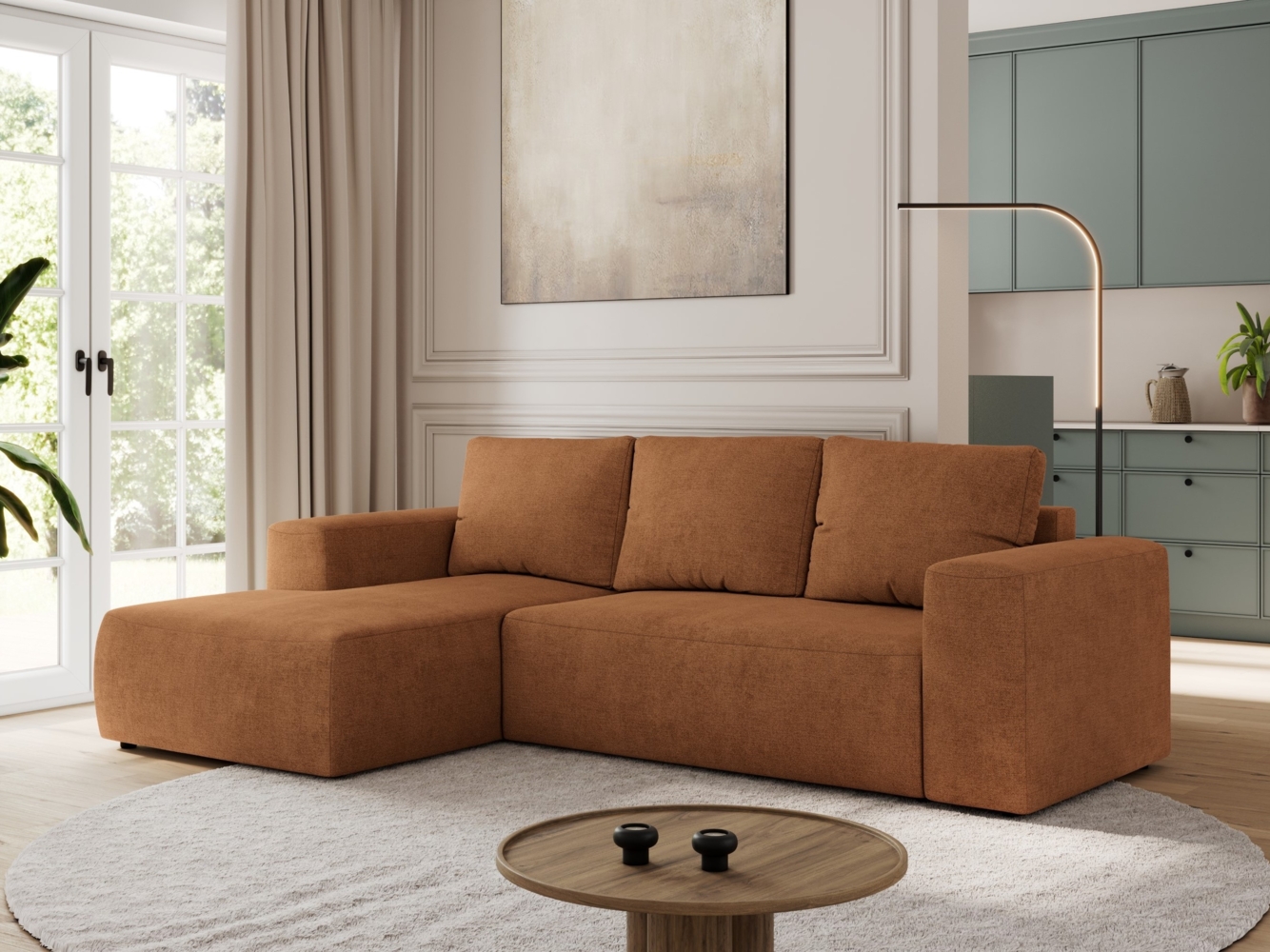 Ecksofa mit Schlaffunktion, Bettkasten und losen Kissen für das Wohnzimmer - TRENTINO - Orange Stoff - links Bild 1