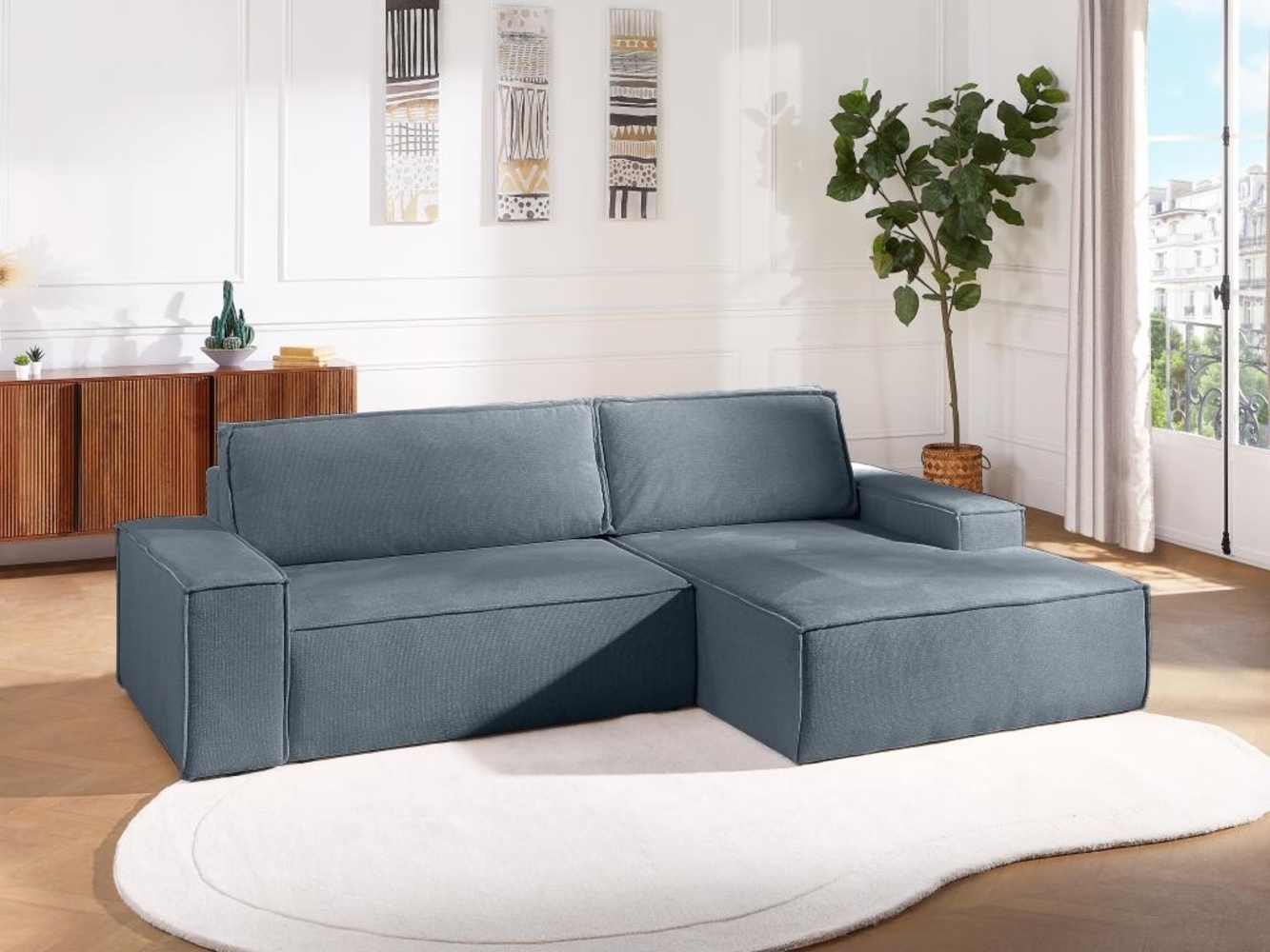 Vente-unique - Ecksofa mit Schlaffunktion - Ecke rechts - Strukturstoff - Blau - AMELIA Bild 1