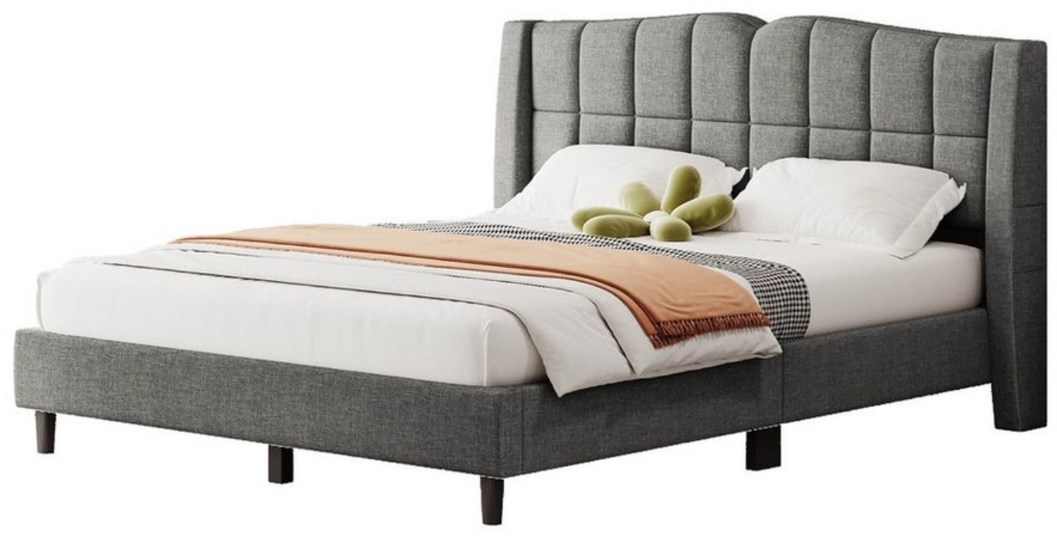 HAUSS SPOLE Polsterbett 140x200 mit Einzigartigem Kopfteil, Aufbewahrungstasche, Leinen, Grau (mit Knopfdesign und Ablagetasche, Leinenbezug, minimalistisches Dunkelbeige, ideal für Schlafzimmer und Gästezimmer, 140x200 cm), Ohne Matratze Bild 1