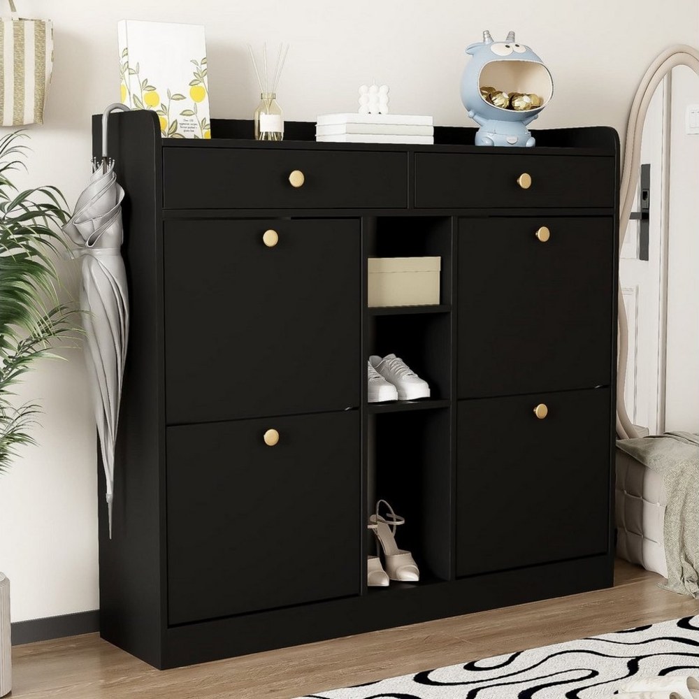 autolock Schuhschrank Schuhkommode mit 4 Klapptüren 2 Schubladen 3 offenen Fächern (110 x 26 x 100 cm) Schuhkipper Schuhmöbel Schuhregal für Flure und Eingangsbereiche Bild 1