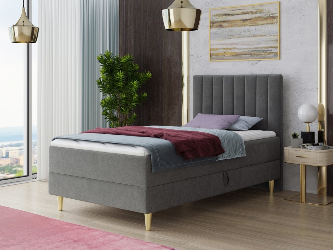 Boxspringbett Gold Mini mit Bettkasten, Bonell-Matratze und Topper - Einzelbett mit Matratzentopper, Polsterbett, Bett, Schlafzimmer, Jugendzimmer, Velours Stoff (Grau (Manila 16), 90 x 200 cm) Bild 1