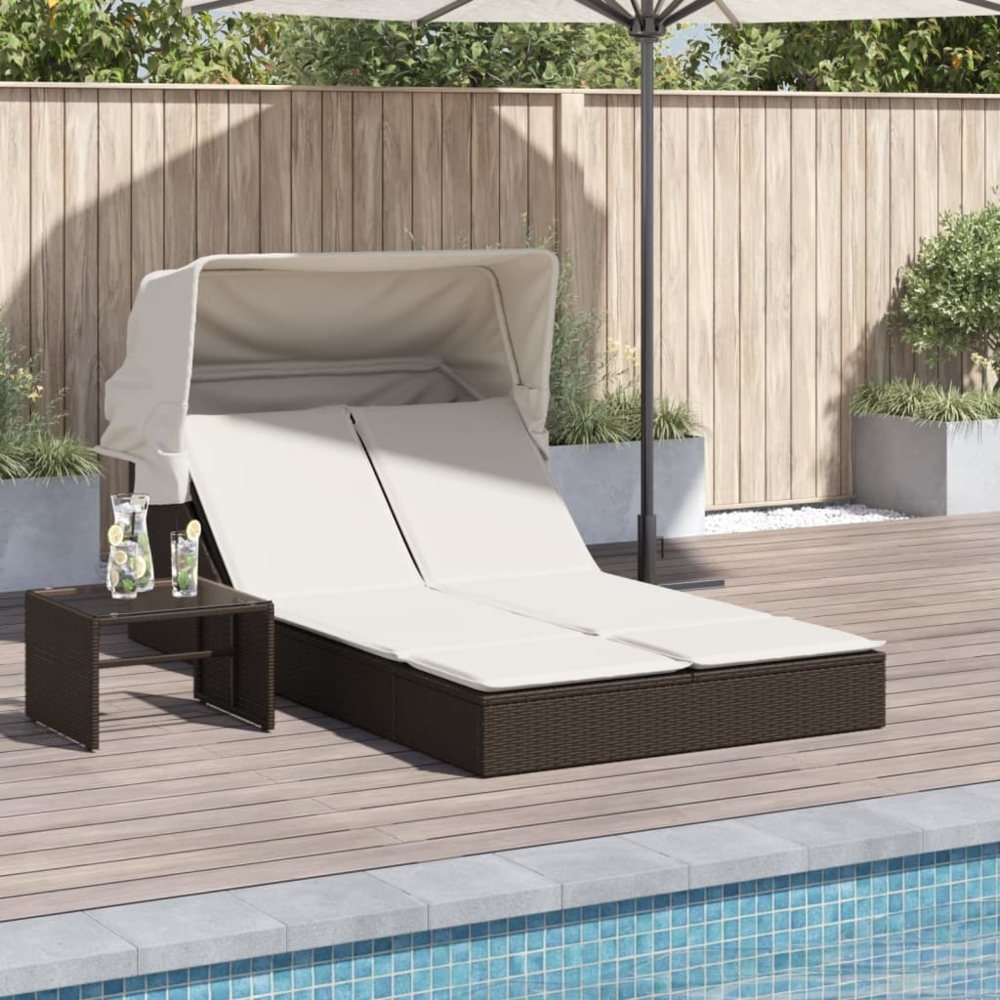 vidaXL Doppel-Sonnenliege mit Dach und Auflagen Braun Poly Rattan 368638 Bild 1