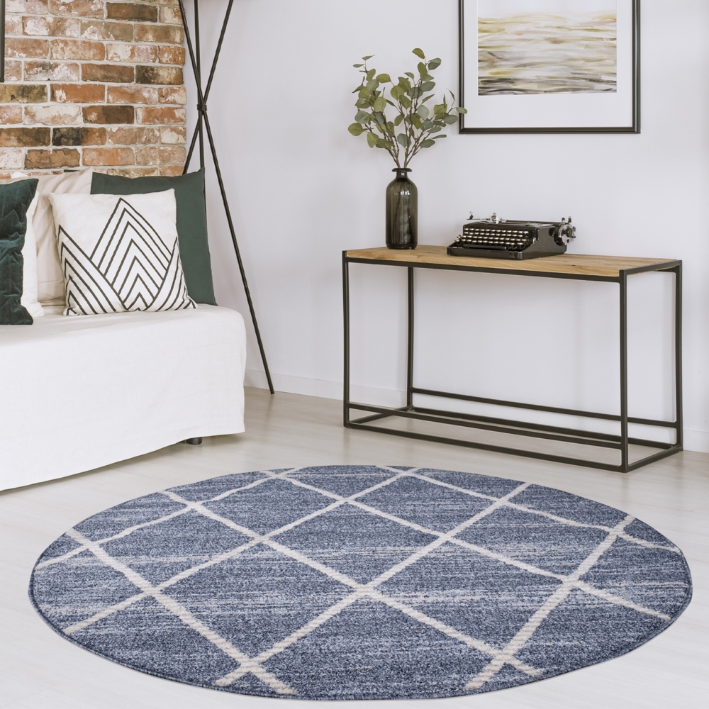 Teppich Rund Wohnzimmer Kurzflor - Blau Cream- 160x160cm – Modern Rauten Muster Deko Boho Schlafzimmer Flur Dekoration - Skandinavische Teppiche Bild 1