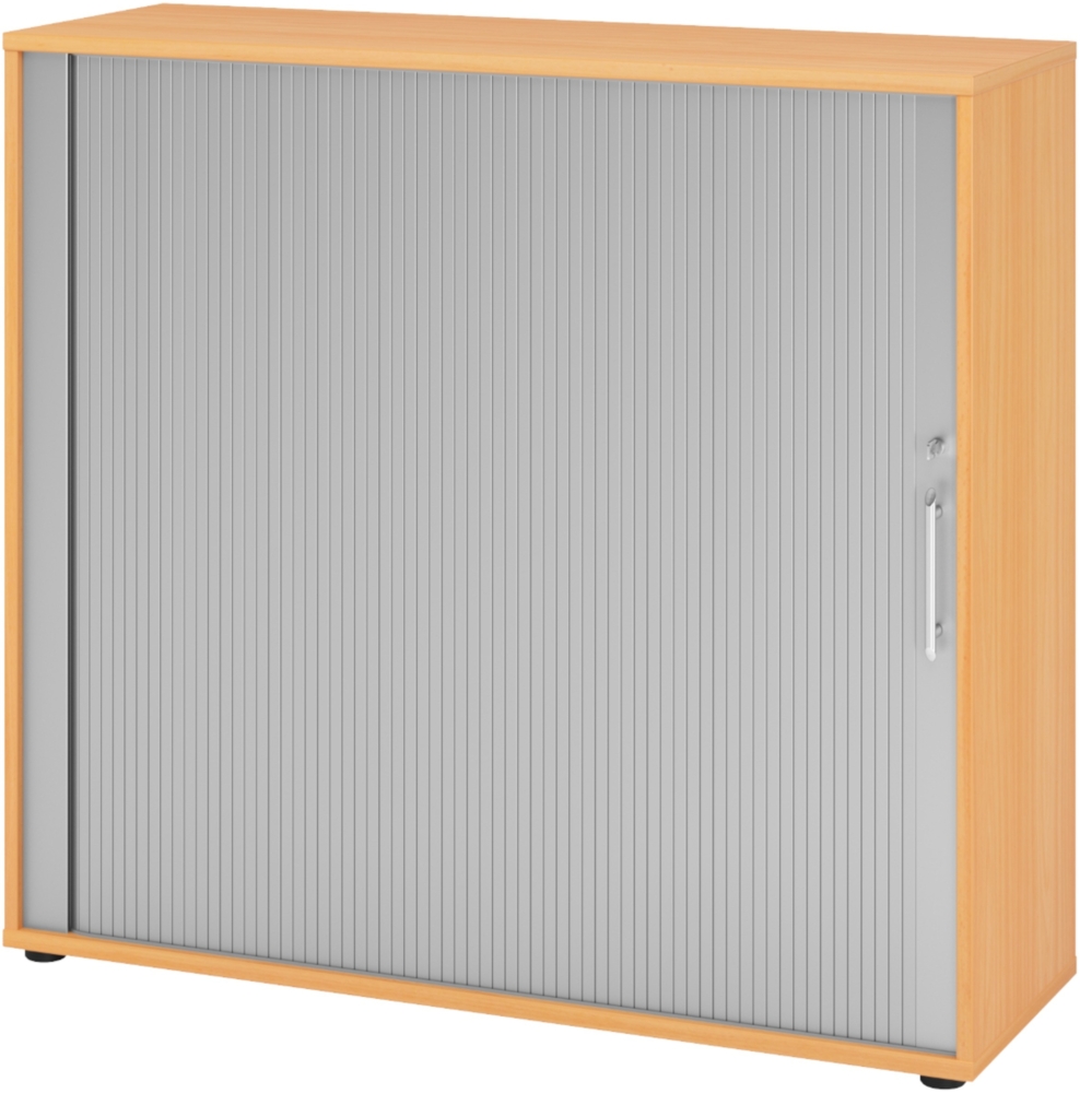 bümö Aktenschrank abschließbar mit Rollladen, Rollladenschrank für Ordner & Co. - Büroschrank mit Rollo, abschließbarer Ordnerschrank aus Holz in Buche/Silber mit Relinggriff, 1733S-6-S-RE Bild 1
