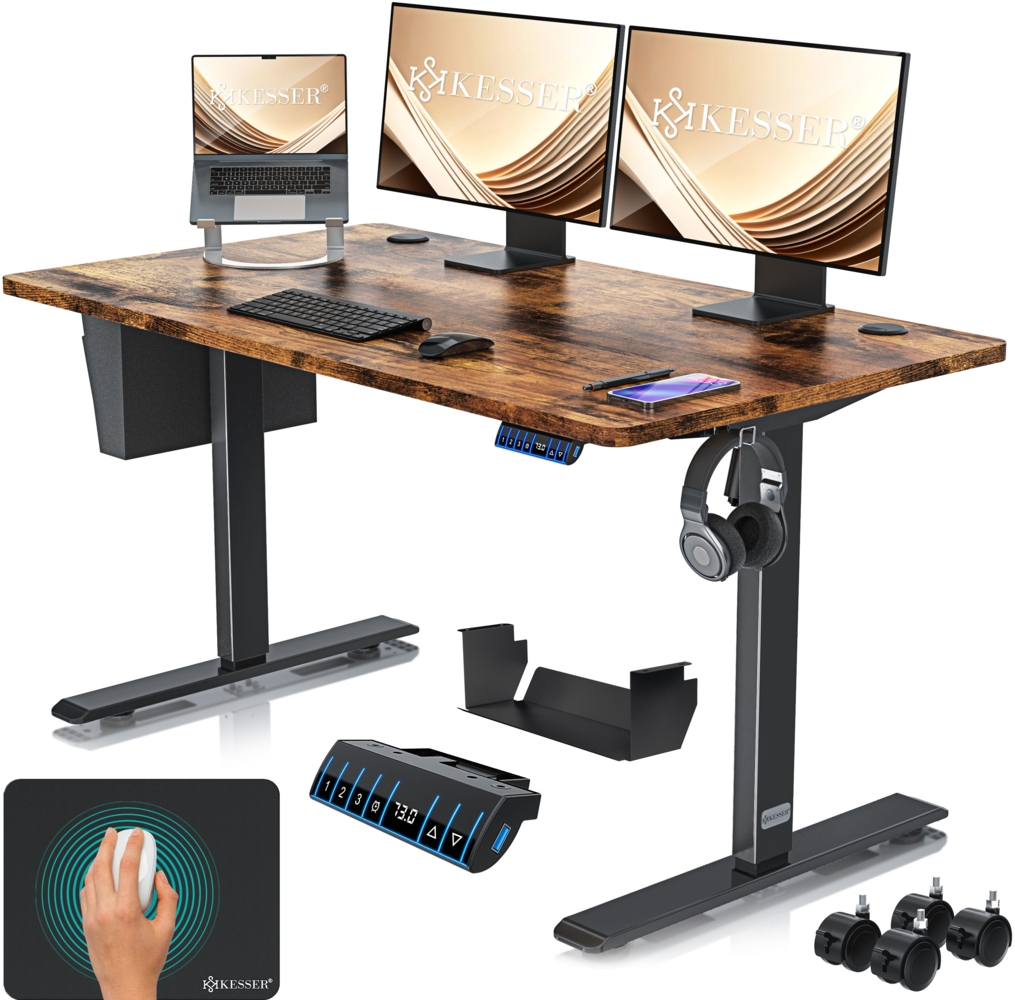 KESSER® Höhenverstellbarer Schreibtisch elektrisch | Ergonomisch Steh-Sitz Schreibtisch | 3-Funktions-Memory Steuerung | Inkl. 360° Rollen & USB-Ladeanschluss | Computertisch für Homeoffice Braun, 140x70 cm Bild 1