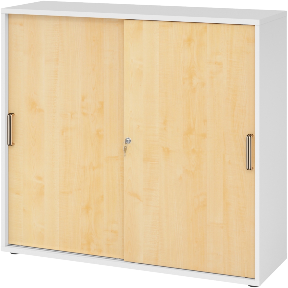 bümö Schiebetürenschrank 3OH - Aktenschrank abschließbar, Sideboard Schrank mit Schiebetüren in Weiß/Ahorn, Streifengriff - Büroschrank aus Holz mit Schiebetür, Büro Kommode für Ordner & Co, 1753S-W-3-SG Bild 1