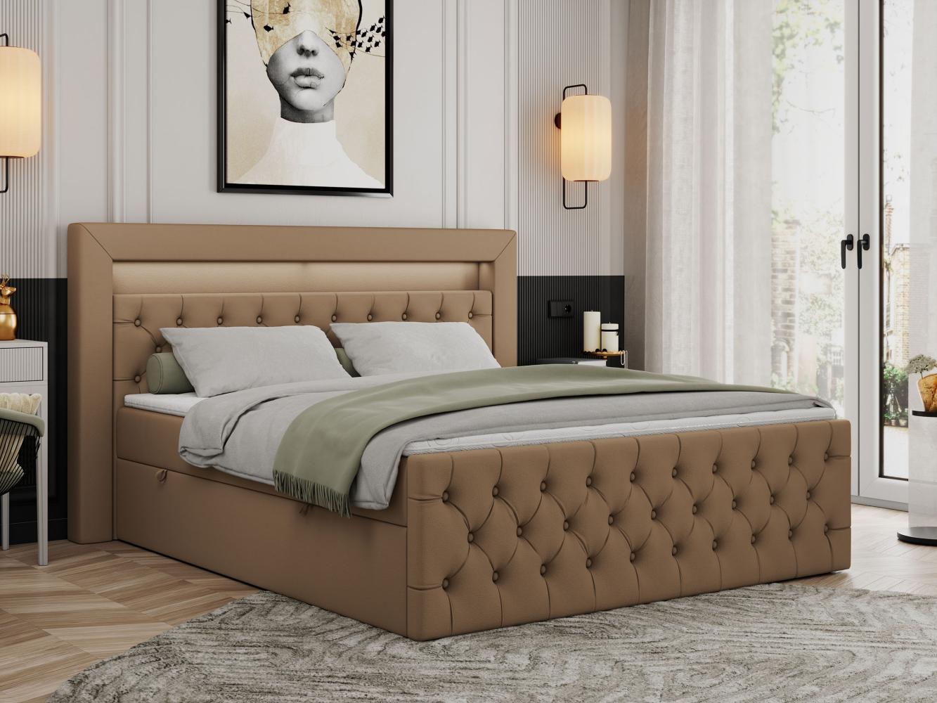 Boxspringbett, Stauraumbett mit Bettkasten, LED - GOLD-9 - 160x200cm - Braun Kunstleder - H3 Bild 1