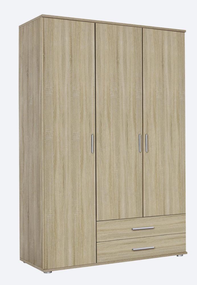 Rauch Möbel Rasant, Schrank Drehtürenschrank inklusive 2 Schubladen, 3-türig, Zubehörpaket Basic 3 Einlegeböden, 1 Kleiderstange, Eiche Sonoma, 52 x 127 x 188 cm Bild 1