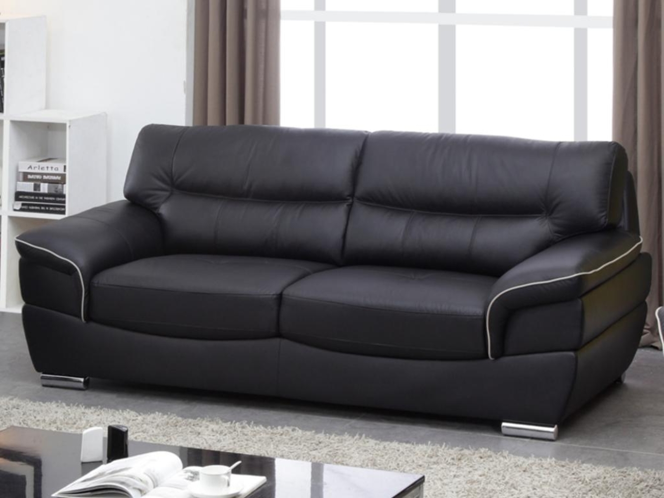 Vente-unique - Ledersofa 3-Sitzer - Schwarz - THIBAULT Bild 1