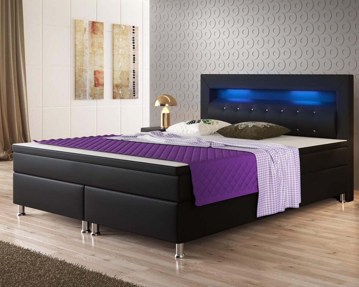 Inter 'Monaco' Boxspringbett komplett mit LED-Beleuchtung, Kunstleder schwarz, 180 x 200 cm Bild 1