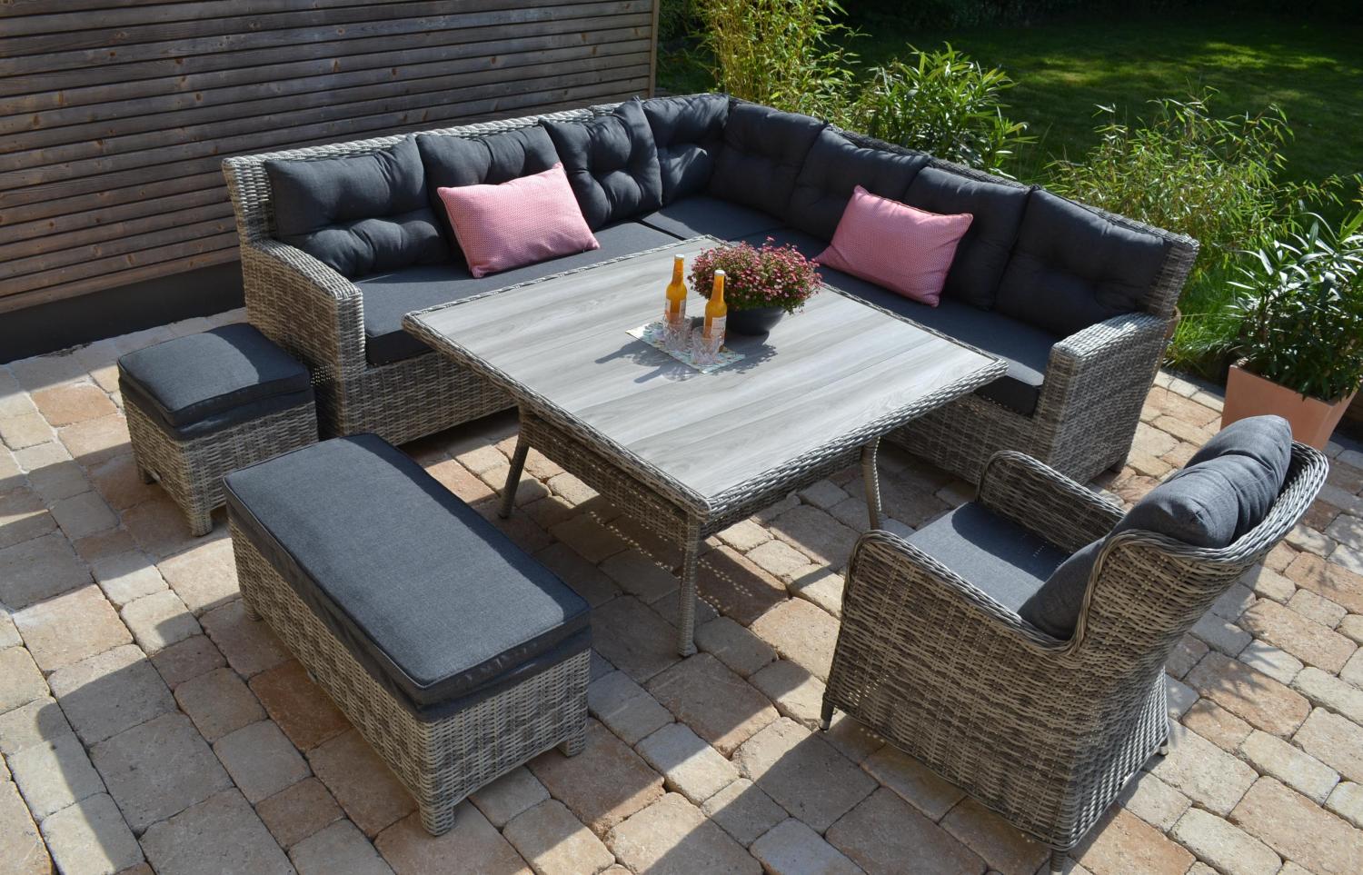 Ecklounge Bonaire Polyrattan mit großem Keramik Tisch + Bank + Hocker + 1 Comfort Sessel Silvia Bild 1