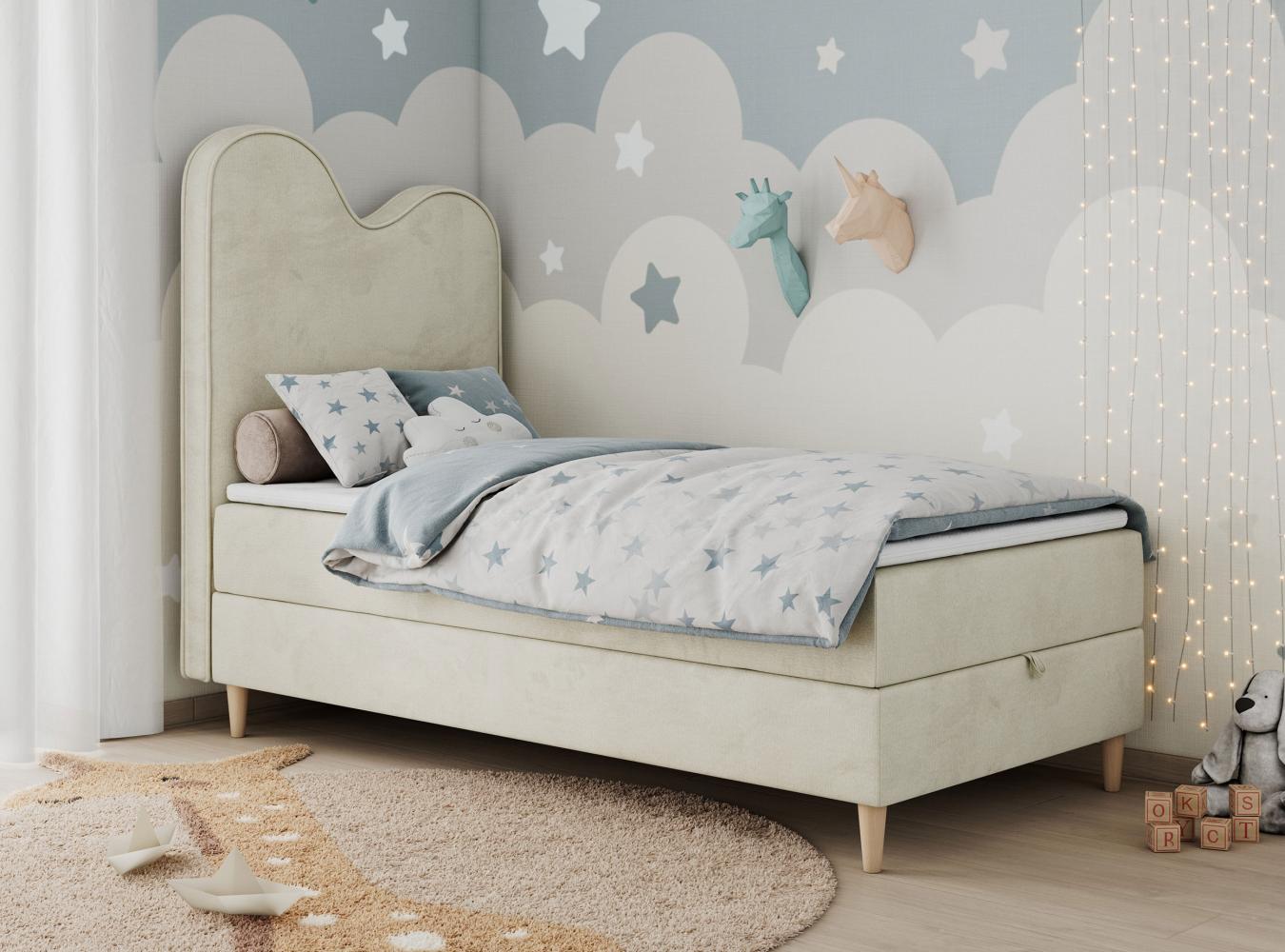 Kinderbett FLOW, Boxspringbett für Kinder, mit hohem Kopfteil, Einzelbett mit Matratze - 90x180 - Beige Velvet - Topper T25 Bild 1