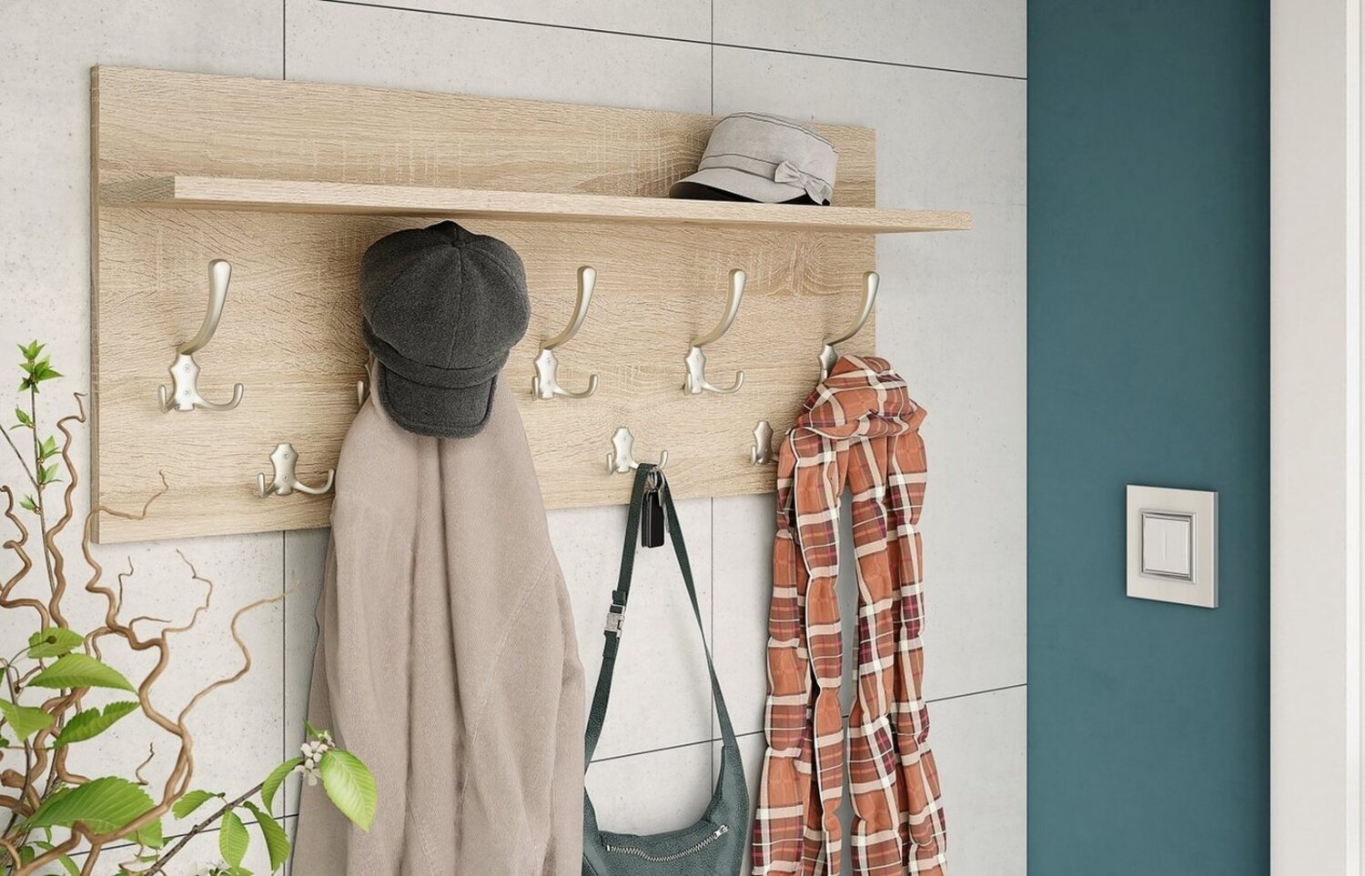 designimpex Garderobenpaneel Garderobe 90 x 40cm Sonoma Eiche - Edelstahloptik Kleiderhaken Finlo Bild 1