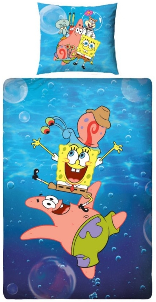 MTOnlinehandel Kinderbettwäsche Schwammkopf SpongeBob, Wende-Motiv für Kinder, Patrick und Gary, Mikrofaser, 2 teilig, 80x80 cm x 135x200 cm, für Jungen und Mädchen Bild 1