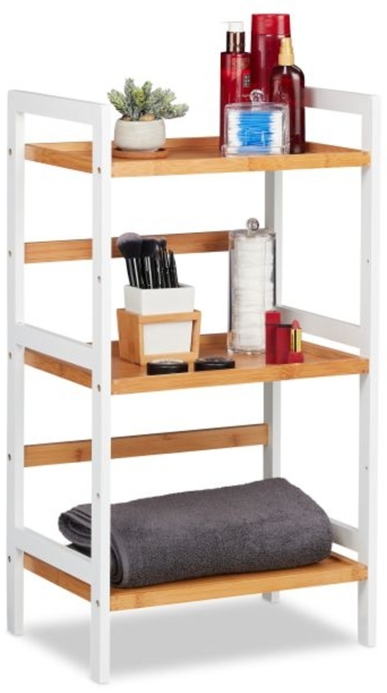 Relaxdays Badregal mit 3 Ablagen, Bambus weiß / natur, 45 x 31,5 x 80 cm Bild 1
